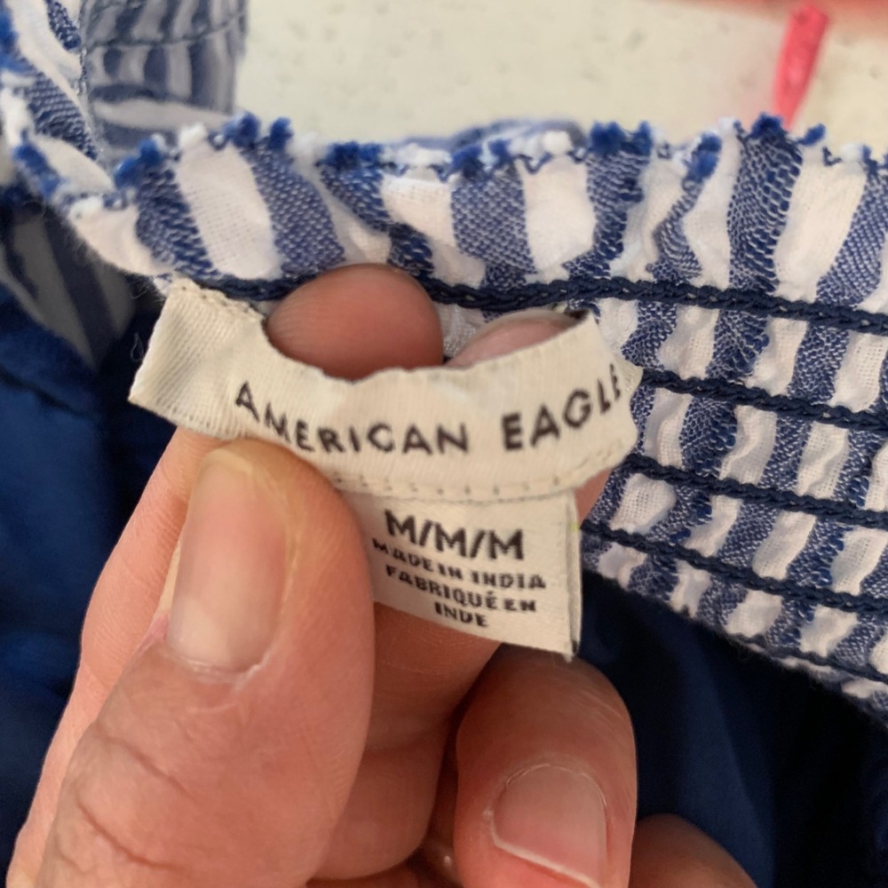 American Eagle Blue White Striped Smocked Puff Sleeve Mini Dress Womens Medium - Picture 6 of 9